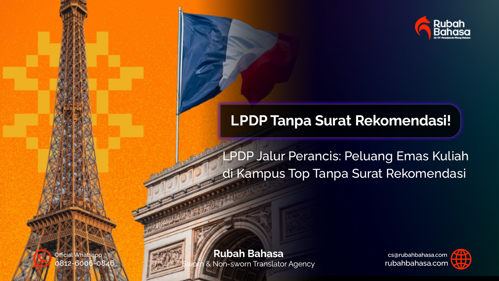 Ilustrasi beasiswa LPDP Prancis dengan suasana studi luar negeri dan dokumen pendaftaran tanpa surat rekomendasi.