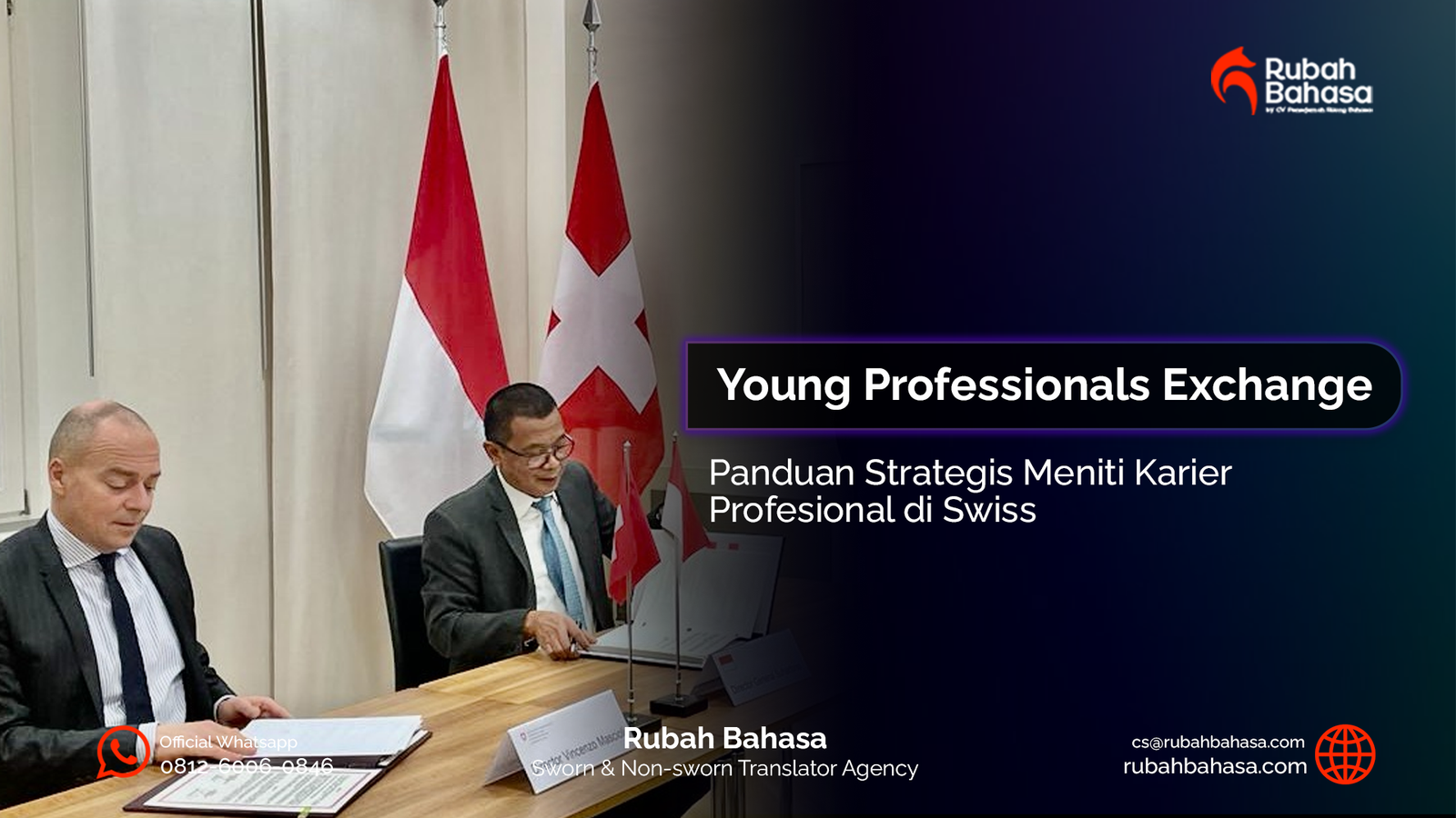 Ilustrasi program Young Professional Exchange di Swiss dengan suasana karier internasional, pekerja muda profesional, dan lingkungan kerja Eropa.