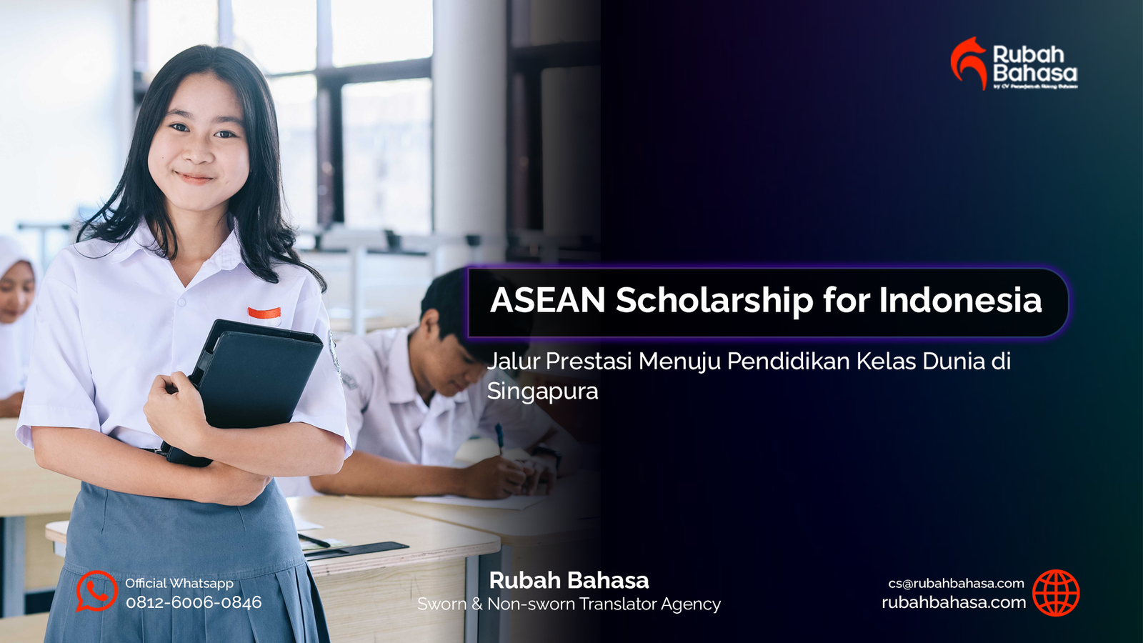 Ilustrasi ASEAN Scholarship untuk pelajar Indonesia dengan suasana sekolah internasional dan siswa SMP SMA belajar di luar negeri.