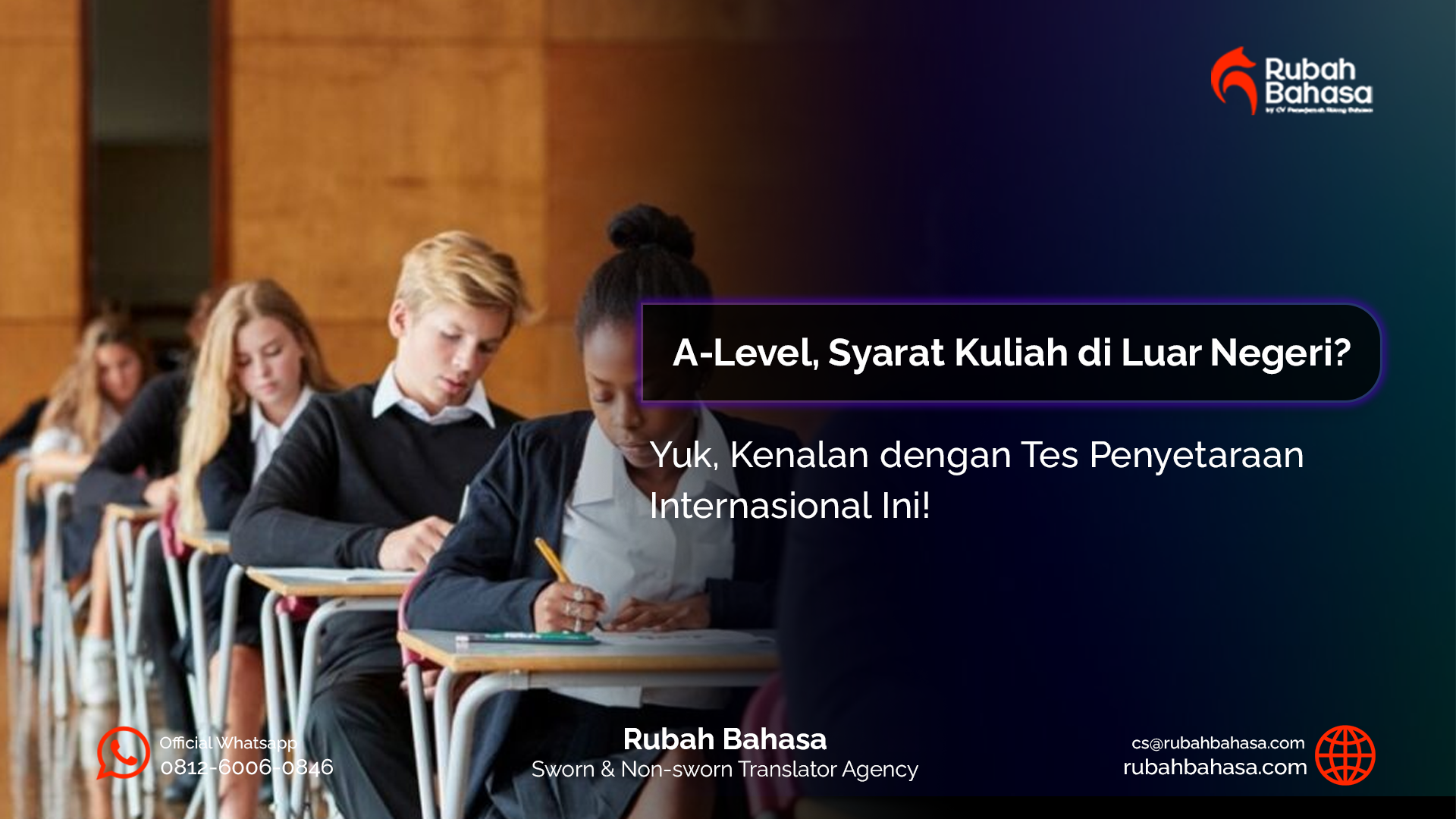 Ilustrasi siswa internasional sedang belajar untuk ujian A-Level dengan latar universitas luar negeri, buku pelajaran, dan simbol pendidikan global yang menggambarkan persiapan masuk perguruan tinggi internasional.