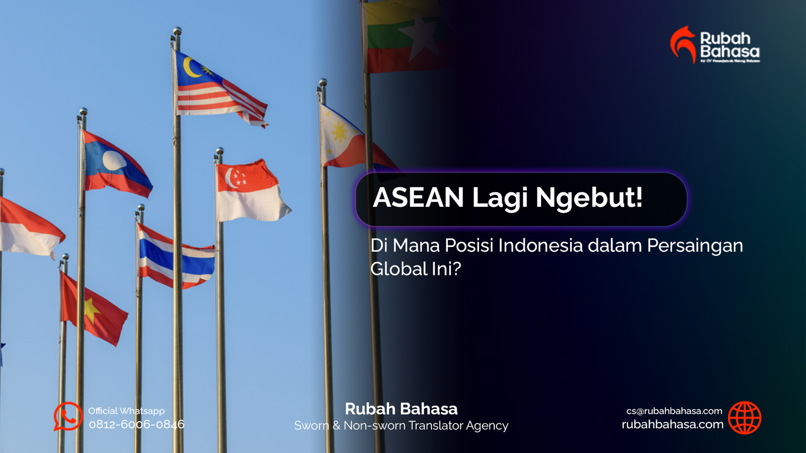 Ilustrasi negara-negara ASEAN dengan grafik pertumbuhan ekonomi, peta Asia Tenggara, dan indikator daya saing global yang menunjukkan posisi Indonesia di tengah persaingan kawasan dan dunia.