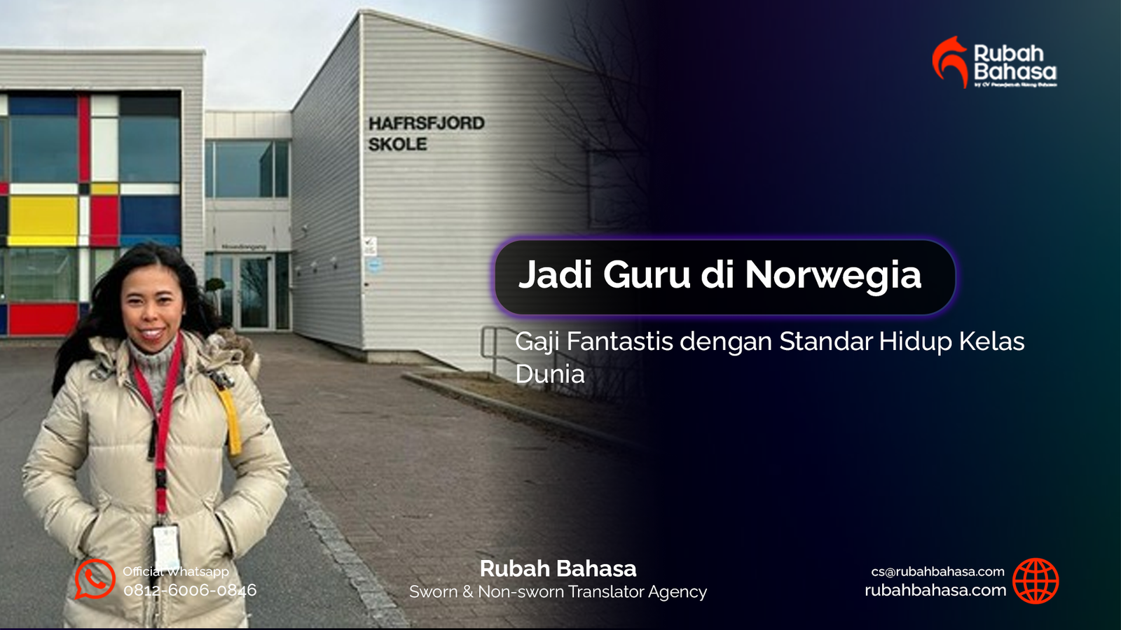 Ilustrasi lowongan kerja guru di Norwegia dengan suasana sekolah internasional, pengajar profesional, dan lingkungan pendidikan modern.