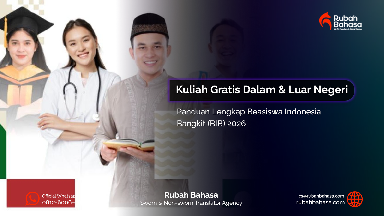 Ilustrasi mahasiswa Indonesia meraih beasiswa untuk melanjutkan studi di dalam dan luar negeri, dengan latar kampus, buku, dan simbol pendidikan internasional yang merepresentasikan program Beasiswa Indonesia Bangkit (BIB) 2026.
