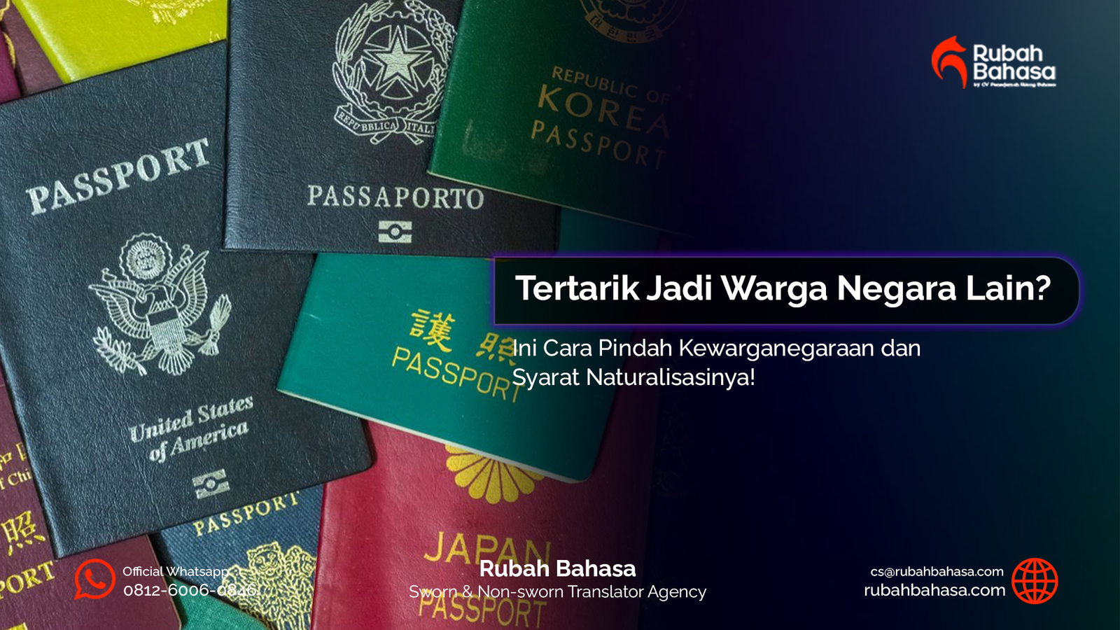 Ilustrasi seseorang memegang paspor dan dokumen kewarganegaraan dengan latar berbagai bendera negara, menggambarkan proses perpindahan kewarganegaraan dan naturalisasi di luar negeri.
