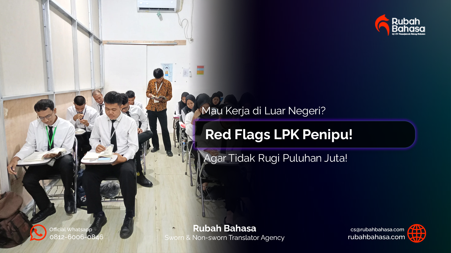 Ilustrasi calon pekerja migran sedang memeriksa dokumen dan kontrak kerja dengan tanda peringatan merah, menggambarkan pentingnya mengenali ciri-ciri LPK penipu sebelum bekerja di luar negeri.